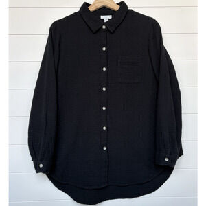 J Jill 100% Cotton Gauze Button Front Tunic Shirt Long Sleeves Black M Petite